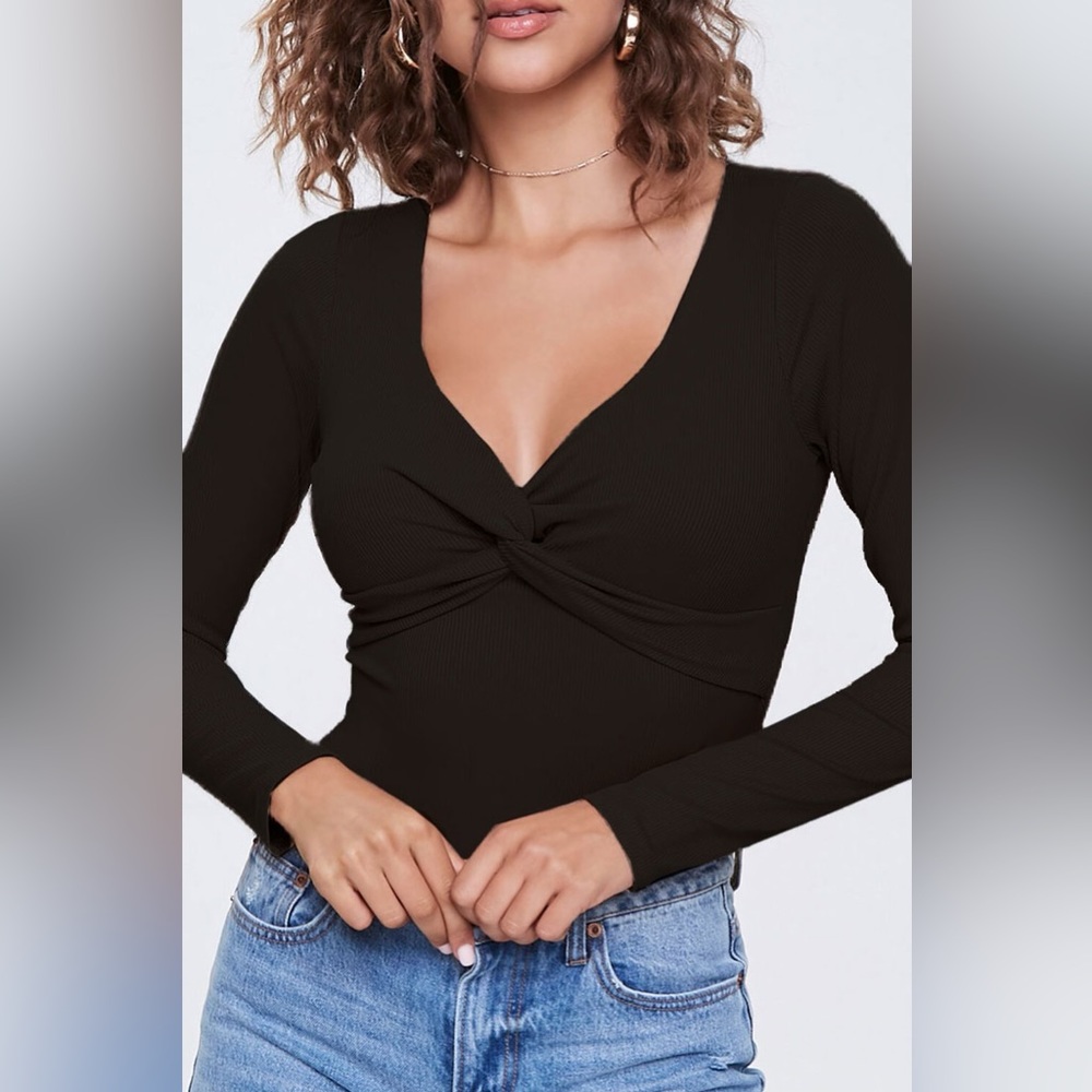 Plunging Twist-Front Ribbed Long-Sleeve Bodysuit Black Size L